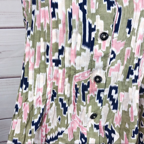 MAEVE Green Pink Ikat Soana Pleated Tank Top 4 - Picture 4 of 7